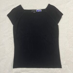 August Silk Knit Square Neck Cap Sleeve Top Black XL‎ Ribbed Chic Minimalist